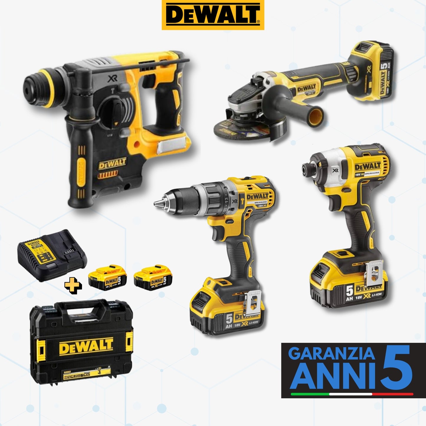 Kit 4in1 DeWalt: Avvitatore+Flex+Tassellatore+Trapano